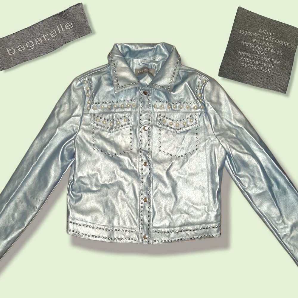 Light blue Silver Faux Leather Jacket with Stones & Pearls